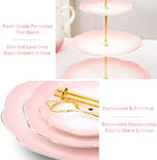 DUJUST Luxury Larger 3-Tier Cupcake Stand Tower, British Style Porcelain Serving Tray with Golden Trim, Food Grade Dessert Display Stand for Tea Party & Home Décor - 45% Gradient Pink Larger Plates - Image 4