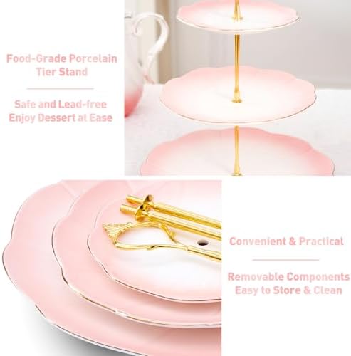 DUJUST Luxury Larger 3-Tier Cupcake Stand Tower, British Style Porcelain Serving Tray with Golden Trim, Food Grade Dessert Display Stand for Tea Party & Home Décor - 45% Gradient Pink Larger Plates - Image 4
