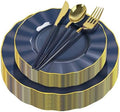 150Pcs Plastic Plates with Gold Rim,Heavy Duty Blue Plates for 30 Guests,Plastic Dinnerware Set Include 30 Dinner Plate,30 Dessert Plate,90 Gold Cutlery Set for Party (Blue) by ZHZJCKSHB