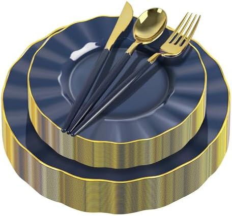 150Pcs Plastic Plates with Gold Rim,Heavy Duty Blue Plates for 30 Guests,Plastic Dinnerware Set Include 30 Dinner Plate,30 Dessert Plate,90 Gold Cutlery Set for Party (Blue) by ZHZJCKSHB