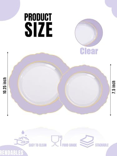 WDF 60pcs Clear Purple Plates Disposable with Gold Rim - Baroque Lavender Purple Plastic Plates for Party/Wedding/Bridal Shower - Image 2