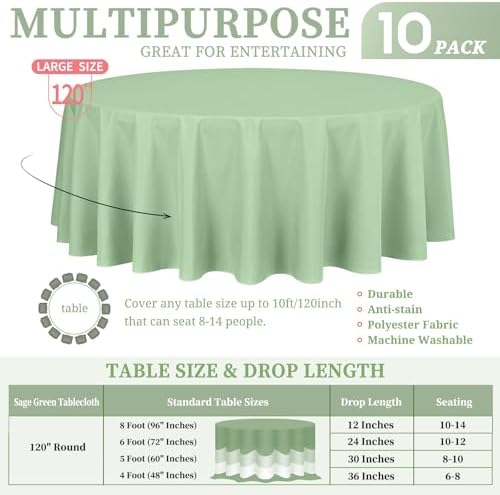Showgeous 120 Inch Sage Green Round Tablecloths, Polyester Table Covers - Image 2