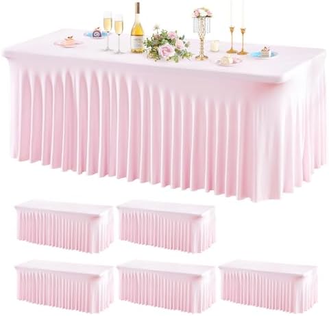 Wish Care 6 Pack Pink Spandex Table Clothes for 6 Foot Rectangle Tables, 6FT Wrinkle Free Fitted Tablecloths Ruffles Design Table Cover for Party, Banquet, Wedding and Events by WishCare