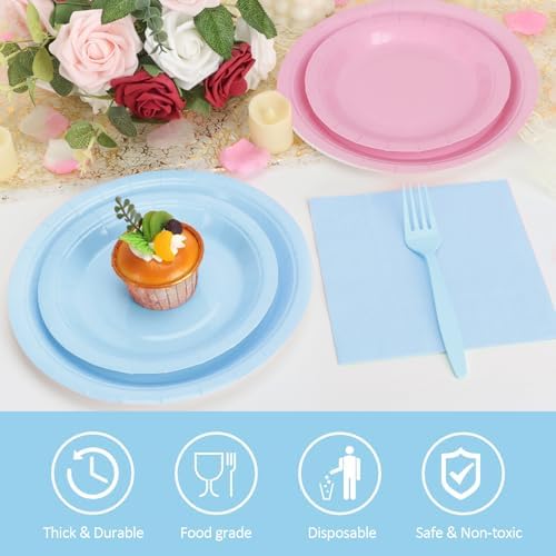Pink and Blue Plates and Napkins Party Supplies, Include 9’’ Disposable Paper Plates, 7’’ Dessert Plates and Cups and Napkins Forks Set for Baby Showers, Birthday, Gender Reveal Party,Serves 50 - Image 3