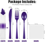 30 Pack Pre Rolled Purple Plastic Silverware with Napkins - Image 3