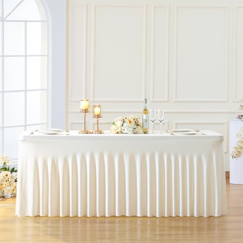 Besutolife 6ft Ivory Rectangle Tablecloth - Spandex, Wrinkle-Resistant, Ruffled Design - Perfect for Banquets, Parties, Wedding, Thanksgiving by Besutolife