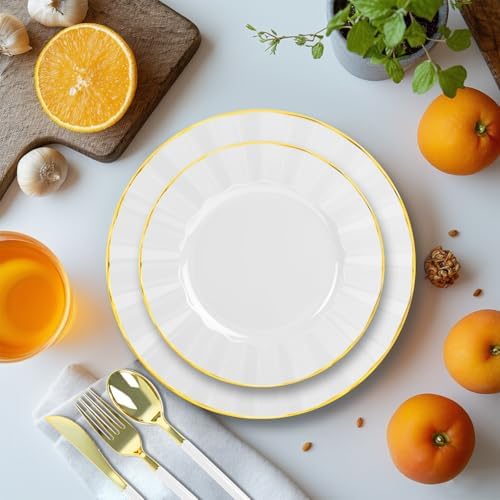 150Pcs Plastic Plates with Gold Rim,Heavy Duty White Plates for 30 Guests,Plastic Dinnerware Set Include 30 Dinner Plate,30 Dessert Plate,90 Gold Cutlery Set for Party (White) - Image 4