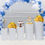 LOYALHEARTDY Round Cylinder Pedestal Stands 5PCS White Metal Pedestal Decor Backdrop Dessert Table Pillars for Party Birthday Wedding Props Baby Shower Party Event Decoration - Image 3