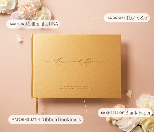 MUUJEE Personalized Guestbook in Gold - Premium Custom Modern Guest Book for Wedding Reception, Birthday Party or Events w/Bookmark Blank Pages for Signing 11.5 x 8.5 inches - Image 3