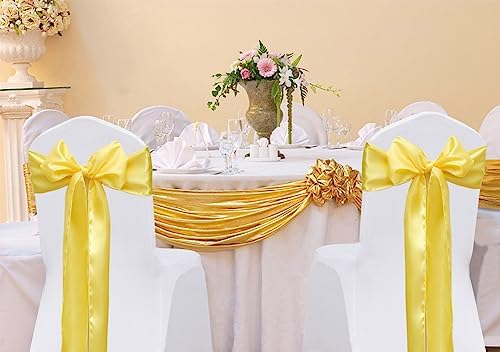 Pack of 50 Satin Yellow Chair Sashes Bows 7 X 108 Inch Universal Chairs Ribbons for Wedding Ceremony Party Banquet Restaurant Event Decorations - Yellow Chair Sashes 50 Pack - Image 2