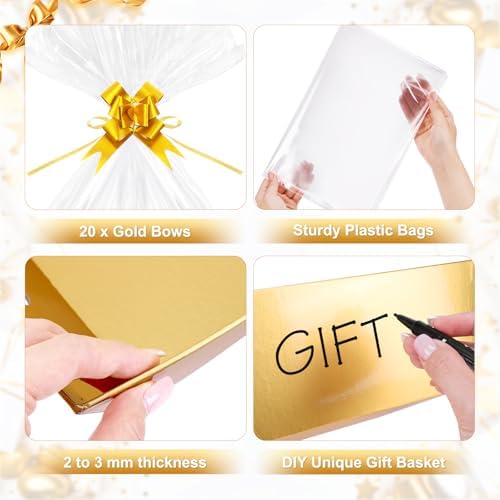 20PACK Gold Baskets for Gifts Empty, 12x10x4” Thick Cardboard Gift Basket Kit with 20 Bows & 20 Bags - Kraft Empty Gift Baskets for Christmas, Weddings, Birthdays, Bulk Gifting - Image 5