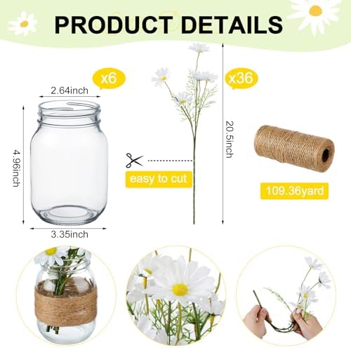 43 Pcs/ 6 Set Daisy Mason Jar Table Centerpiece Mason Jar Vases - Image 2