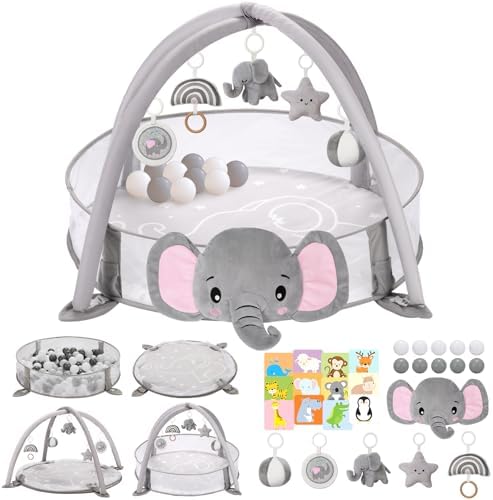 7-in-1 XL Large Baby Play Gym Mat, Tummy Time Mat, Baby Gym & Ball Pit, Baby Activity Mat with Milestone Cards & 6 Detachable Toys for Sensory Motor Skill, Elephant by Unknown
