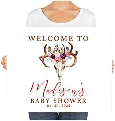 Andaz Press Custom Large Baby Shower Canvas Welcome Sign, 16 x 20 Inches, Rustic Boho Burgundy Floral Antlers, Guestbook Alternative, Personalized Sign Our Canvas, For Fall, Rustic, Boho, Baby Shower - Image 3