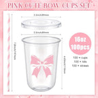 LemonRoad 100sets 16oz Pink Bow Cups Pink Birthday Party Decorations Supplies Cute Plastic Cups Disposable with Lids and Straws for Valentines Galentines Day Christmas Wedding Baby Shower Decorations - Image 3