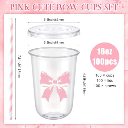 LemonRoad 100sets 16oz Pink Bow Cups Pink Birthday Party Decorations Supplies Cute Plastic Cups Disposable with Lids and Straws for Valentines Galentines Day Christmas Wedding Baby Shower Decorations - Image 3