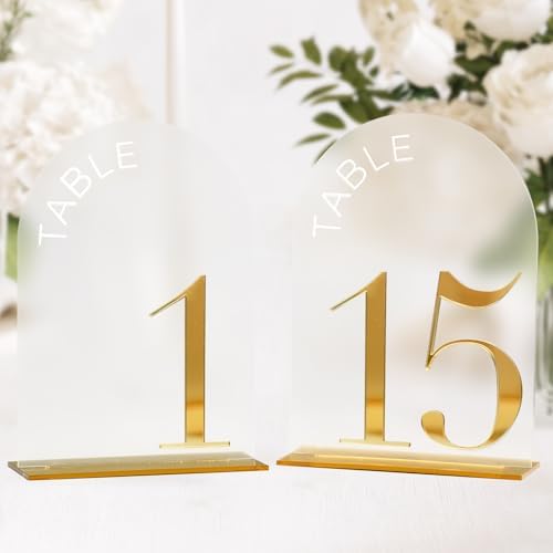Frosted Arch Wedding Table Numbers 1-15, Gold Numbers and Stands by JINMURY