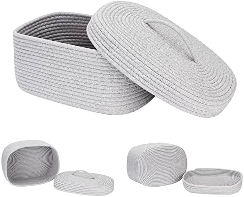 Sea Team Oval Storage Basket, Woven Cotton Rope Basket with Lid, Gray - Image 5