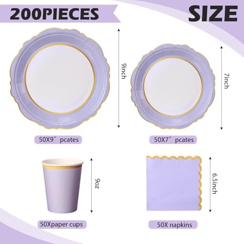 Tioncy 200 Pcs Party Paper Plates Cups Napkin Set Serve 50, Lavender Purple - Image 2