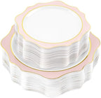 realluck 100Pcs White & Pink Plastic Plates for 50 Guests by Realluck