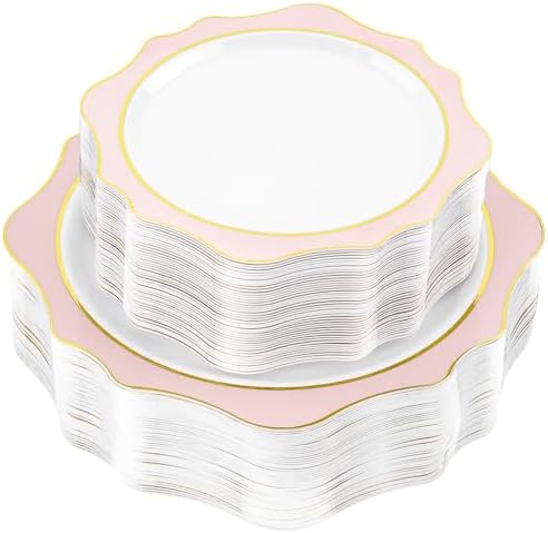 realluck 100Pcs White & Pink Plastic Plates for 50 Guests by Realluck