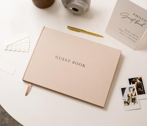 Real Linen Guest Book Set - 11.5 x 8.5 Embossed Guestbook for Weddings, Showers, Events, Blank & Lined, Comes with Sign, Pen, Box and Photo Sleeves, 120 Pages (Oatmeal) - Image 3