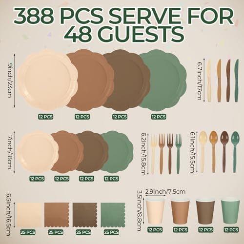 Qinyoung 388 Pcs Woodland Baby Shower Tableware Decorations Include Sage Green Brown Forest Scalloped Plate Paper Napkin Cup Plastic Cutlery for Safari Jungle Neutral Birthday Wedding, Serves 48 - Image 2