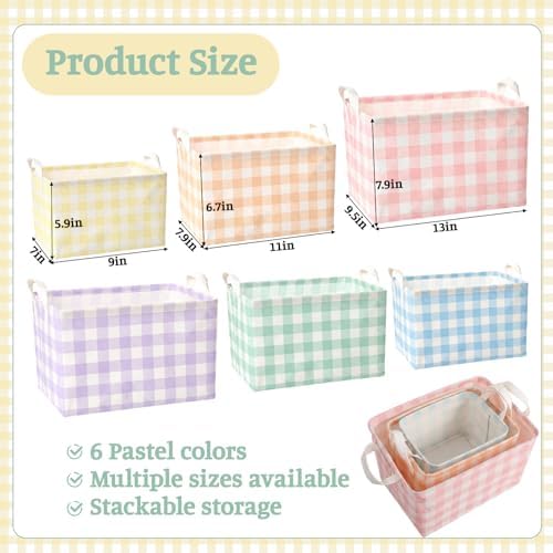 6 Pack Plaid Canvas Baskets Rectangular Storage Bins, Pastel - Image 2