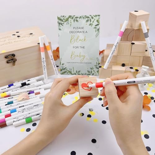 ZJchao Baby Shower Block Game Set with 48 Wooden Blocks 12 Color Pens 42 Templates Wooden Box for Baby Party Gender Reveal Birthday Celebration - Image 5