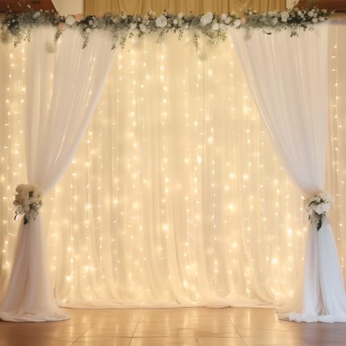 10ft x 10ft White Chiffon Backdrop Curtain with Lights String for Parites Wedding Wrinkle Free Curtain Photo Backdrops Drapes for Baby Shower Birthday Party Home Decorations - Image 2