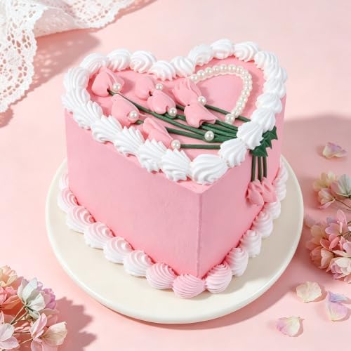 6 Inch Heart Shaped Fake Cake, Pink Artificial Cake with Flower Bouquet and Pearl Heart Decor, Reusable Faux Cake Prop for Wedding, Birthday, Bridal Shower, Baby Shower, Anniversary Party Decor by Unknown