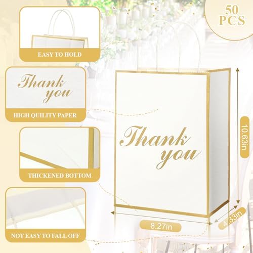 Tenceur 50 Pcs Thank You Gift Bags with Handles, Wedding thank you favor bags bulk for Business, Shopping, Wedding, Baby Shower, Party Favors, 8.27 x 4.33 x 10.63 Inches - Image 2