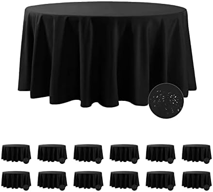 Fokitut 12 Pack Waterproof Round Tablecloth, 132 Inch, Stain Resistant and Wrinkle Polyester Table Cloth, Fabric Table Cover for Kitchen Dining, Wedding, Party, Holiday Dinner-Black by BalsaCircle