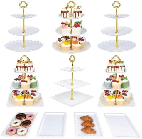 10 Pcs Dessert Table Display Set,with 6 Pcs 3-Tier Cupcake Stands & 4 Pcs Food Serving Trays- Cookie Tray Rack Cake Display Tower for Wedding, Baby Shower, Tea Party, Birthday Decorations by Unknown