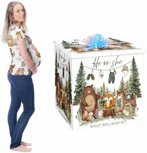 AmazingSpark 28in Giant Gender Reveal Gift Box with Lid Kit Oversized Gender Reveal Balloon Box Large Pull Bows for Baby Shower Birthday Party Decor(Woodland Animals) by Unknown