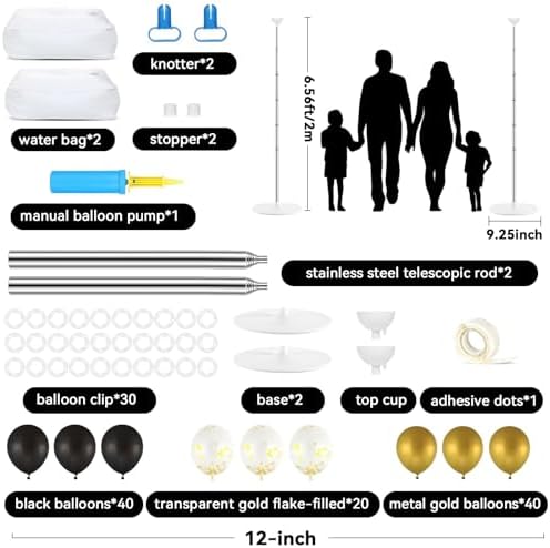2 Sets Balloon Column Stand Kit with 100 Balloons Summer Adjustable Balloon Tower Stand with Bases for Floor Black Gold Balloon Arch Column for 50th Birthday Wedding Engaged Back to School Party Decor - Image 2