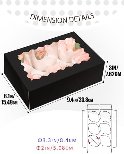 qiqee Black 6 Cupcake Boxes with Window Auto-pop up 30 Packs Cupcake Box 9.4"x6.1"x3.3" Bakery Boxes For Cupcakes Carrier, Cupcake Containers - Image 5