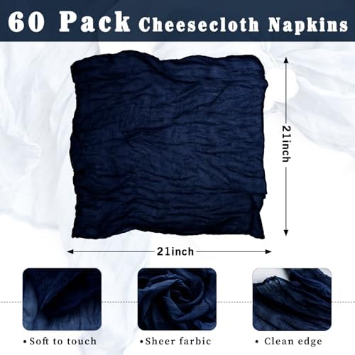 60 Pack Navy Blue Cheesecloth Napkins Washable Set of 60 Navy Blue Cloth Napkins 21x21 Inches Rustic Boho Cotton Gauze Dinner Table Napkins for Wedding Bridal Baby Shower Summer Party Table Decor - Image 3
