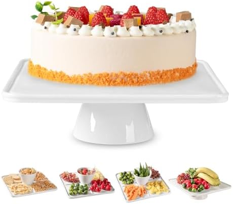 12.5" Square Ceramic Cake Stand 5-in-1 - White Pedestal Serving Platter for Wedding Birthday Party Baby Shower, Dessert Cupcake Fruit Display Stand, Multifunctional Kitchen Centerpiece by cikiciki