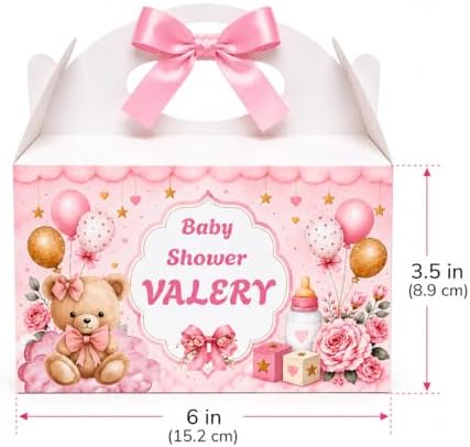 Personalized Baby Shower Keepsake Boxes. A set of 12 boxes personalized with the baby's name to add a special touch to your celebration. (Girl teddy bear) - Image 2