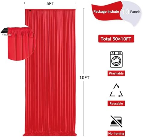 50ft x 10ft Wrinkle Free Red Backdrop Curtains for Parties, Polyester Photo Backdrop Drapes 10 Panels 5x10ft for Weddings Birthday Party Christmas Photography Background - Image 5