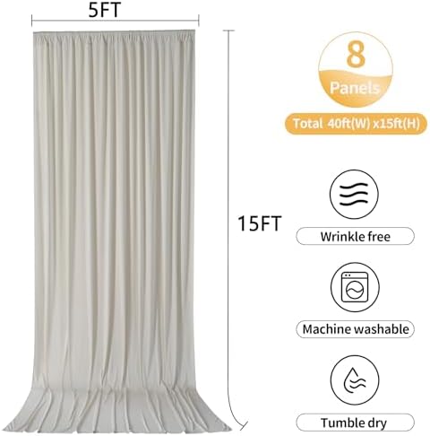 40ftx15ft Beige Backdrop Curtains for Parties, Wrinkle Free Polyester Beige Photo Backdrop Drapes 8 Panels 15 ft Long Back Drop Cloth for Wedding Birthday Photography Background Party - Image 6