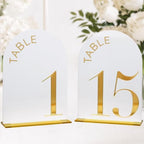 White Arch Wedding Table Numbers 1-15, Gold Numbers and Stands by JINMURY