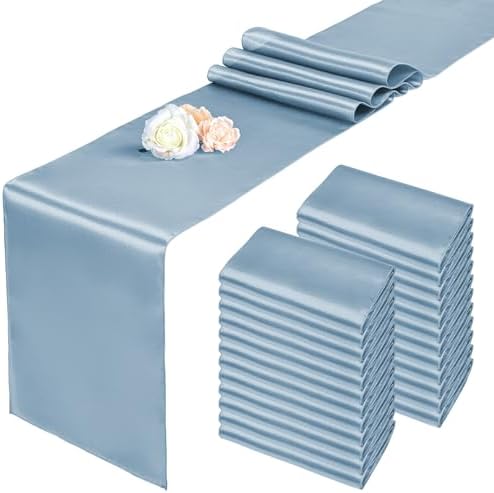 24 Pack Dusty Blue Satin Table Runners 12 x 108 Inch Long Table Runners for Rectangle Round Tables, Smooth Satin Table Runner for Wedding,Birthday Party Banquets Graduation Engagements Decoration by Pesonlook