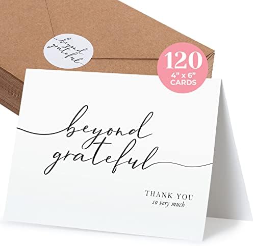 120 Heavyweight Blank Thank You Cards with Envelopes Beyond Grateful Thank You Cards, Bridal Shower, Engagement, Graduation, Wedding Bulk Pack Card with Envelopes & Stickers (4 x 6 Inches) (120 Pack) by Durabasics
