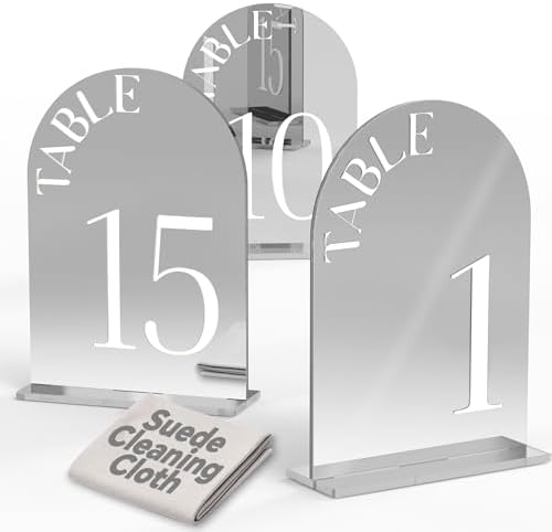 Mirror Arched Wedding Table Numbers 1-15 with Stands, 5"x7" Double-sided Letter, Acrylic Wedding Signs Centerpiece Decoration for Wedding Reception Party (Silver, Table Numbers 1-15) by Framokoko