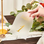 SHINVALE Arch Acrylic Wedding Table Numbers with Gold Foil Font – Frosted Finish, Elegant Modern Design with Stands, Easy Assembly Table Signs for Weddings, Parties & Events (20, 5" x 7") by Unknown