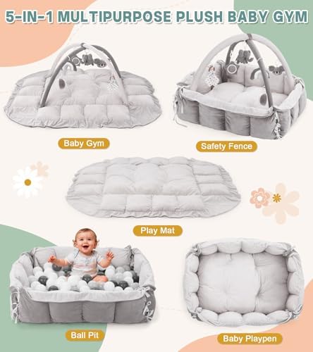 5-in-1 Baby Play Gym and Tummy Time Mat, 12 Learning Cards, Plush Activity Mat with 6 Toys, Baby Gym, Convertible to Ball Pit, Baby Gift, Grey - Image 2