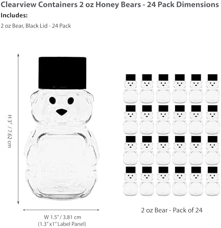 – 24 Pack 2 oz BPA-Free Plastic Honey Bear Bottles with Sealable Black Screw Top Lids, Clear Mini Squeeze Bottles for Honey, Samples & Party Favors (24pk, 2oz, BLK) - Image 2