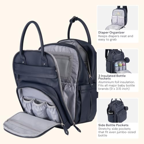 BabbleRoo Leather Diaper Bag Backpack - Baby Essentials Travel Baby Bag, Multi function, with Changing Pad, Stroller Straps & Pacifier Case – Unisex, Midnight Blue - Image 5